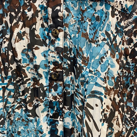 New Directions size 2X Abstract teal Blue and Brown Blouse dressy v neck sheer - Picture 6 of 10